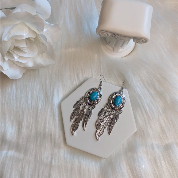 Silver Turquoise Feather Dreamcatcher Dangle Drop Earrings - Picture 2 of 3